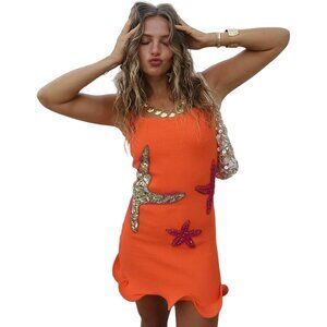 Women Teen Sequin Starfish Mini Dress Ruffle Hem Sleeveless Bodycon